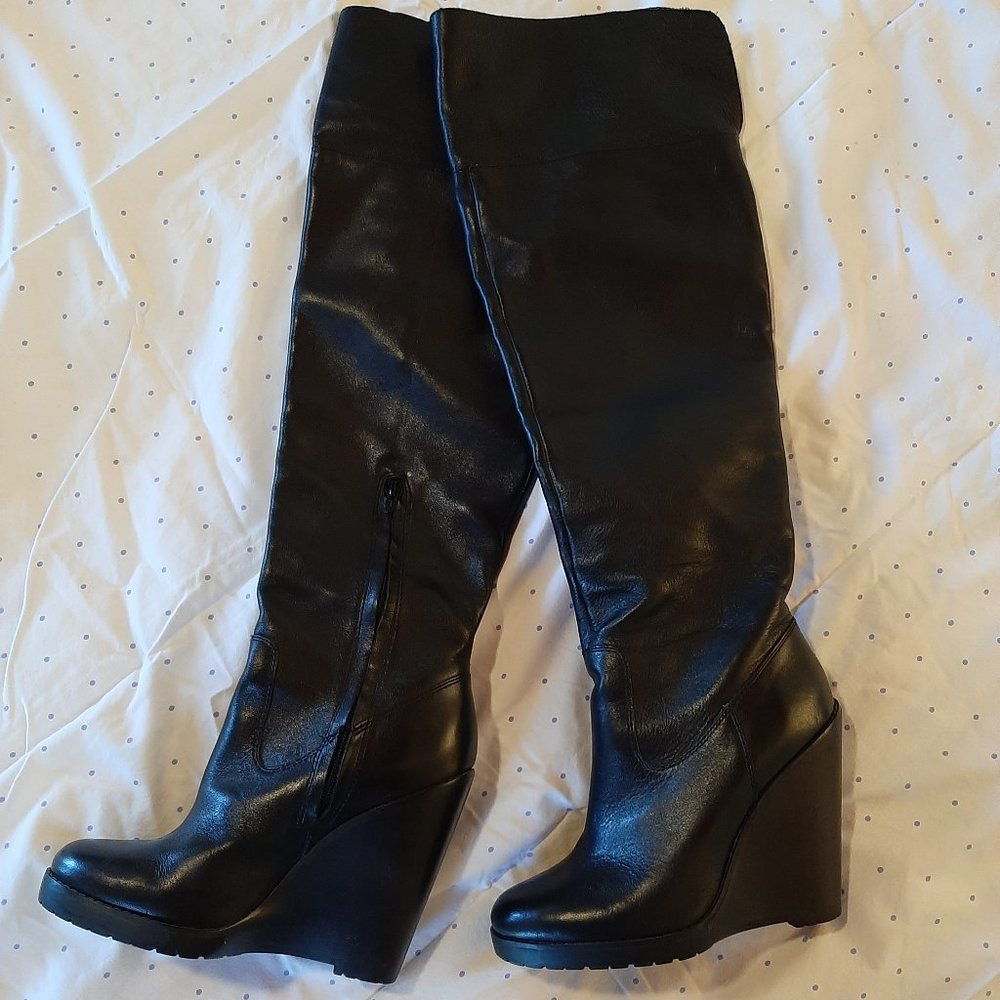 Lauren Ralph Lauren Black Leather Boots Knee High Cuffed Wedge High Heels